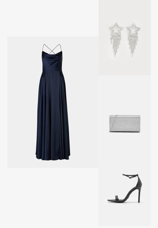 Navy satin iltapuku, jossa on laskostettu pääntie, ohuet ristikkäiset olkaimet ja lentävä, täyspitkä hame. Suuri sileä rakenne ja elegantti siluetti.; Musta korkeakorkoinen sandaalit avonaisella kärjellä, ohut remmi ja nilkkahihna. Silkinpehmeä nahkapinta ja kärjen terävä muoto.; Hopeinen metallinen clutch-laukku, jossa on kudottu verkkomuotoilu, suorakaiteen muotoinen ja ketjuhihna kantamista varten. Sileä pinta ja kiillotettu viimeistely.; Rihnestone tähti korvakorut, joissa on roikkuva fringed yksityiskohta, hopeinen sävy ja kiiltävä, heijastava pinta. Tähden muoto, jossa on monimutkainen muotoilu.