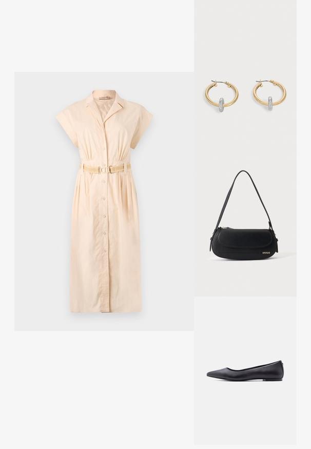 Vestido camisero color durazno claro hecho de algodón, con cuello, mangas cortas, cierre frontal de botones y un cinturón trenzado en la cintura.; Zapato plano de cuero negro con punta puntiaguda y tacón bajo, mostrado de perfil contra un fondo blanco.; Bolso de hombro de cuero negro con solapa curva, logo dorado "HUGO" en el frente y una correa ajustable.; Par de pendientes de aro en tono dorado con pequeño detalle de aro en tono plateado en cada uno, expuestos sobre un fondo gris claro.