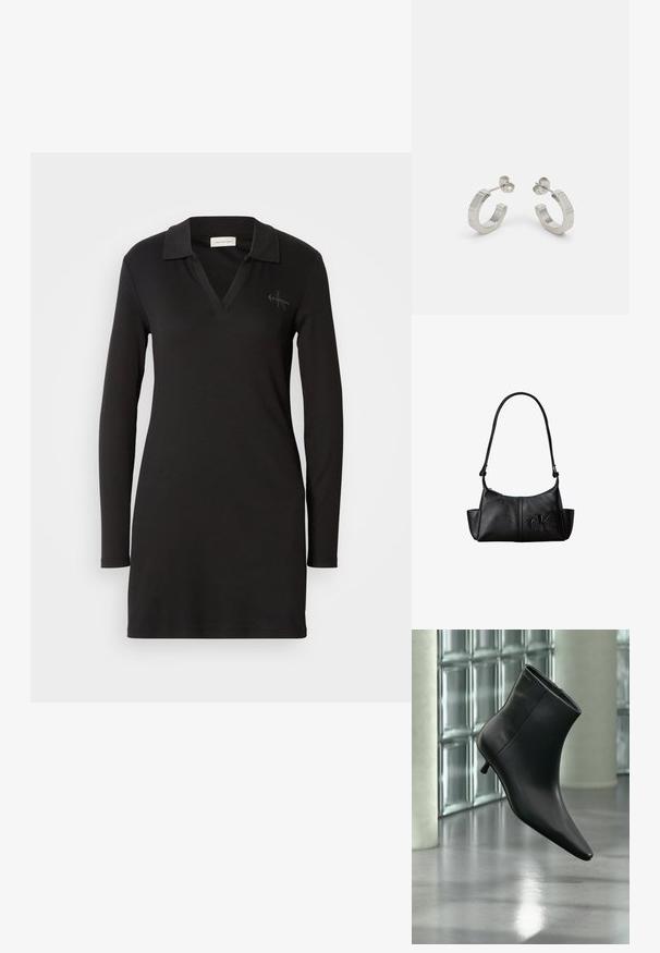 Schwarzes Langarm-Polo-Kleid mit V-Ausschnitt, Rippstruktur und einem dezenten Logo-Detail auf der linken Brust. Aus weichem Baumwollmix.; Schwarzer Leder-Stiefelette mit spitzer Zehenpartie und niedrigem Kitten-Heel, schräg dargestellt vor einem polierten Boden und einer Glasbausteinwand.; Schwarze Leder-Schultertasche mit langem Träger, Seitentaschen und eingeprägtem Calvin Klein-Logo auf der Vorderseite.; Silberne Metall-Hoops mit strukturiertem Design, ausgestattet mit einem kleinen Steckverschluss und Branding an einem Hoop. Abgerundete Form mit glänzender Oberfläche.