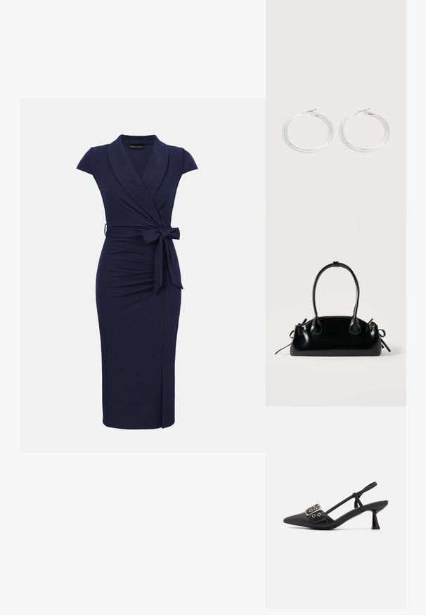 Robe portefeuille bleu marine longueur genou avec manches courtes, col châle, nœud latéral et fente discrète à l'avant.; Simmi London DALA - Escarpins - black; Petit sac à main noir brillant avec deux longues anses et des détails à cordon sur les côtés sur un fond clair uni.; Paire de boucles d'oreilles créoles argentées brillantes avec fermoirs en fil fin, présentée sur un fond gris clair.