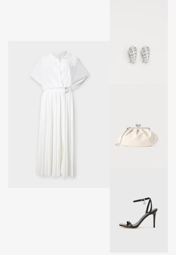 Vestido midi blanco con mangas cortas abullonadas, parte superior con cuello y botones, falda plisada y cinturón a juego con hebilla plateada.; Sandalia de tacón alto negra con una estrecha correa en el tobillo, punta cuadrada, material de cuero liso y detalle de hebilla metálica.; Bolso de mano de tela color crema con diseño fruncido, marco metálico plateado, dos bolas decorativas y correa de cadena plateada.; Pendientes de clip plateados con un diseño en espiral, que presentan una textura metálica suave y formas redondeadas. Sin adornos ni patrones visibles.