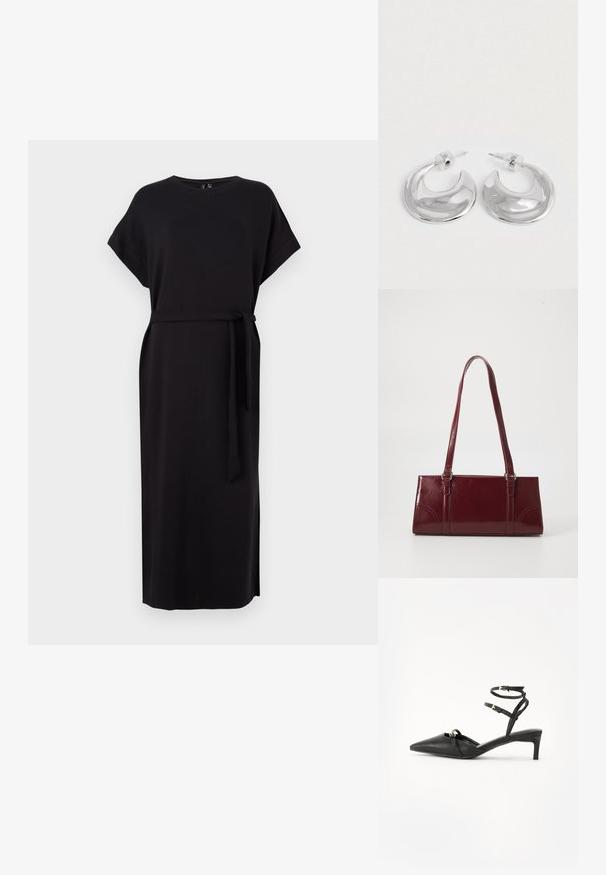 Musta, lyhythihainen mekko pyöreällä kaula-aukolla, sivuaukkoilla ja vyötärölle sidottavalla vyöllä, valmistettu sileästä, valuvaasta kankaasta.; Mustat nahkaiset slingback-korkokengät, joissa on terävä nilkkapanta, ohut nilkkaremmimalli, kultaiset korostukset ja kapea korko. Tasainen tekstuuri ja minimalistinen muotoilu.; Burgundin värinen käsilaukku, joka on valmistettu kiiltävästä materiaalista, suorakaiteen muotoinen, kahdella olkahihnalla ja hienovaraisilla kaarevilla aksentteilla edessä.; Pari di orecchini a cerchio a forma di mezzaluna in argento lucidato con retro in plastica trasparente su una superficie bianca.