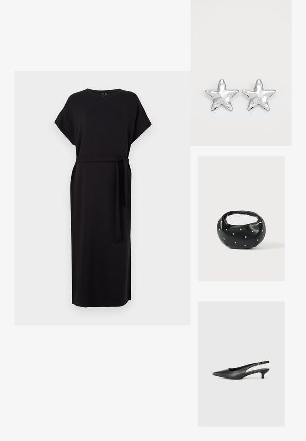 Vestido negro de manga corta con cuello redondo, aberturas laterales y cinturón ajustable en la cintura, hecho de una tela suave y fluida.; Zapato de tacón slingback negro de punta afilada, hecho de cuero suave. Presenta un tacón delgado y un detalle de hebilla en la correa ajustable.; Bolso de mano de cuero negro con forma redondeada, decorado con detalles de tachuelas plateadas y un asa corta. Textura lisa y cierre con cremallera.; Pendientes en forma de estrella plateada con una superficie pulida y brillante. Cada pendiente presenta cinco puntas y sutiles detalles de textura en la superficie.