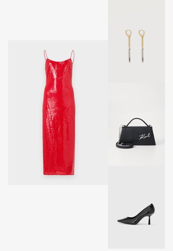 Rode midi-jurk met pailletten en dunne spaghettibandjes, met een aansluitende silhouet en een glinsterende textuur over de hele stof.; Zwarte lakleren high heel pump met een spitse neus, slank ontwerp en een smalle stiletto hak, met een gladde, glanzende textuur.; Zwarte leren handtas met een driehoekige vorm, zilveren "Karl" logo detail en een afneembare schouderband van ketting. Gladde textuur en gestructureerd ontwerp.; Oorbellen met gouden en zilveren druppels en haaksluitingen, met een gouden staaf verbonden aan een zilveren staaf gegraveerd met "DKNY" op een witte achtergrond.