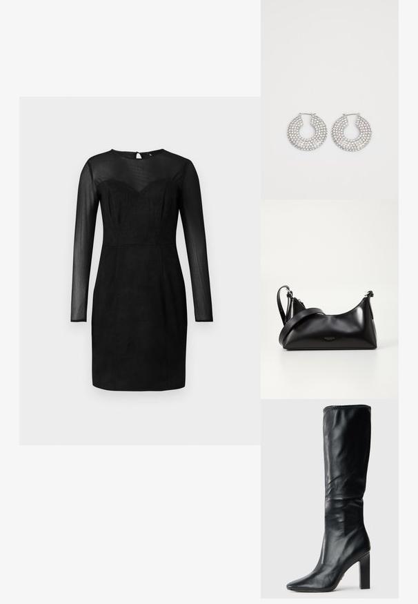 Robe noire ajustée avec des manches longues transparentes et un décolleté cœur, un empiècement transparent, et une longueur au genou.; Bottes en cuir noir montant jusqu'au genou avec un design épuré, bout pointu et talon carré haut, présentant une texture lisse et un bord supérieur cousu.; Sac à main en cuir noir avec une texture lisse. Dispose d'une bandoulière adjustable et d'un design élégant et minimaliste avec une fermeture éclair.; Boucles d'oreilles en argent en forme de créoles ornées de multiples embellissements en cristal transparent, présentant une surface texturée et un design circulaire ouvert.