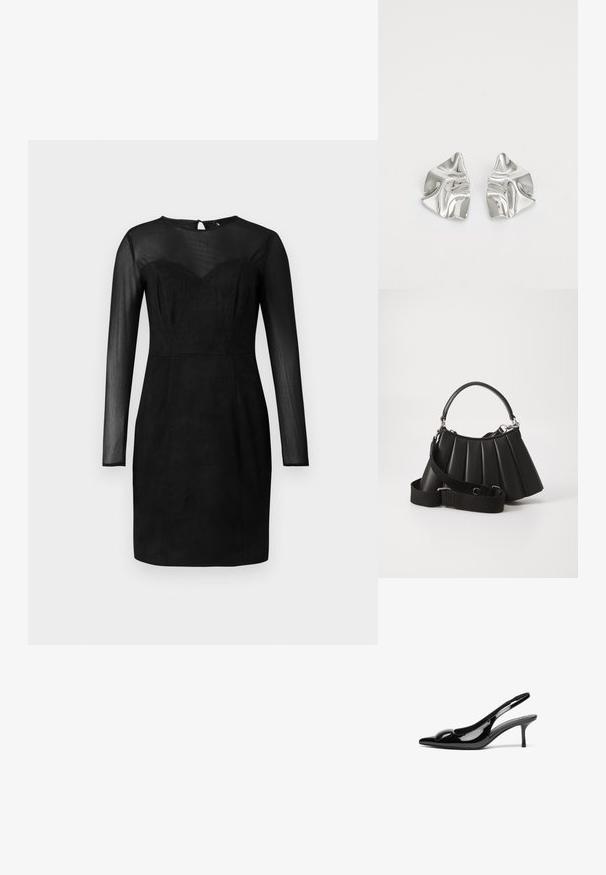 Robe noire ajustée avec des manches longues transparentes et un décolleté cœur, un empiècement transparent, et une longueur au genou.; Escarpins slingback en cuir verni noir avec un bout pointu et une finition brillante. Présente un talon fin et un accent arrondi au dessus du pied.; Sac à main plissé noir avec une poignée arrondie, une bandoulière réglable et une texture brillante. Présente des accessoires en argent et une silhouette structurée.; Boucles d'oreilles en métal argenté avec un design ondulé et sculptural, présentant une finition polie et des formes irrégulières, mettant en valeur une esthétique contemporaine.