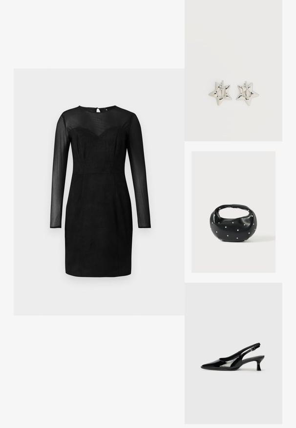Robe noire ajustée avec des manches longues transparentes et un décolleté cœur, un empiècement transparent, et une longueur au genou.; Escarpins en cuir verni noir avec un bout pointu et un petit talon carré. Sangle réglable à la cheville avec boucle.; Sac à main en cuir noir de forme arrondie, décoré de clous argentés et équipé d'une poignée courte. Texture lisse et fermeture éclair.; Boucles d’oreilles créoles en forme d’étoile argentée avec une finition lisse et polie sur un fond blanc uni.