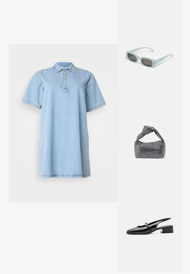 Lyseblå denimkjole med spids krave, korte ærmer og fem-knaps lukning; har sømdetaljer ved kanten og ærmerne.; Sort laklæderslingback-sko med lav blokhæl og tynd rem med sølvspænde over toppen.; Et par rektangulære solbriller med lyseblå gennemsigtige stel og mørkegrå linser, der har lige templer og minimale hardware detaljer.; Sorte og sølv håndtaske med en tekstureret overflade, der har et diamantmønster, en knyttet håndtag og en struktureret form.