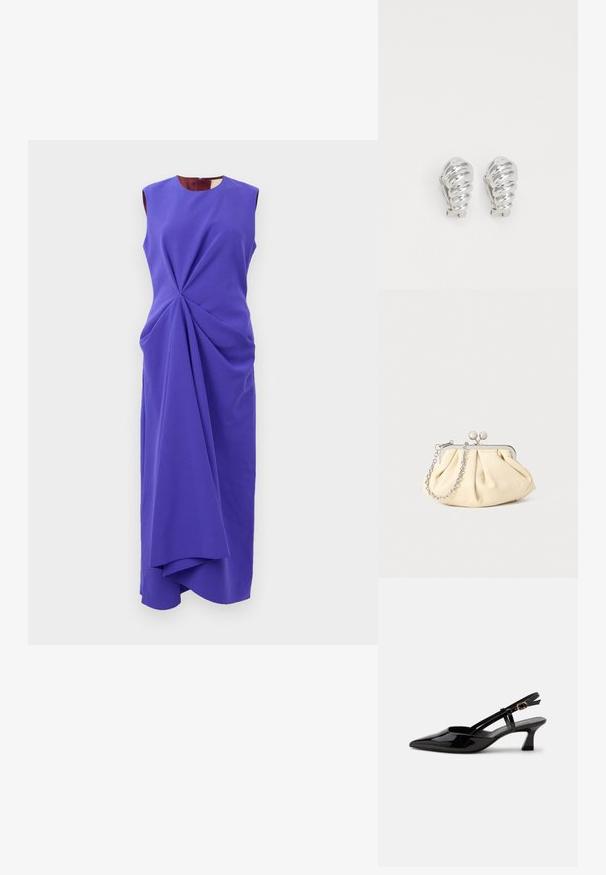 Robe midi sans manches purple avec des plis drapés asymétriques commençant à la taille, dotée d'un décolleté rond et d'une silhouette ajustée.; Chaussure slingback en cuir verni noir à petit talon, bout pointu et bride réglable avec boucle dorée sur fond blanc.; Pochette en cuir beige plissé avec un cadre en métal argenté, dotée de deux fermoirs ronds décoratifs et d'une chaîne en argent.; Boucles d'oreilles en clip argentées avec un design en spirale, présentant une texture métallique lisse et des formes arrondies. Pas d'embellissements ou de motifs visibles.