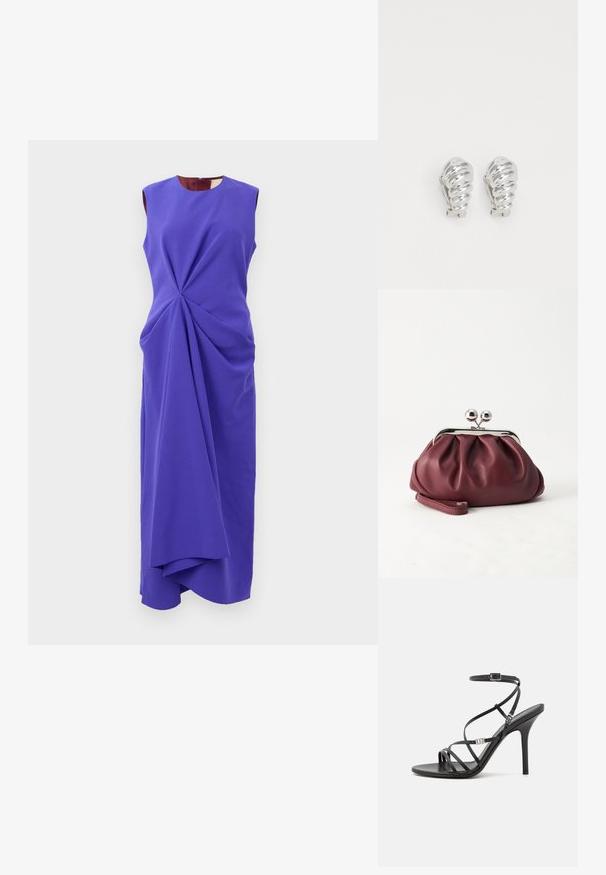 Robe midi sans manches purple avec des plis drapés asymétriques commençant à la taille, dotée d'un décolleté rond et d'une silhouette ajustée.; Sandale noire à talons hauts avec des brides fines, une boucle à la cheville, une surface en cuir lisse et un talon aiguille élancé.; Petit sac pochette en cuir bordeaux avec fermoir métallique argenté et bracelet sur fond blanc.; Boucles d'oreilles en clip argentées avec un design en spirale, présentant une texture métallique lisse et des formes arrondies. Pas d'embellissements ou de motifs visibles.