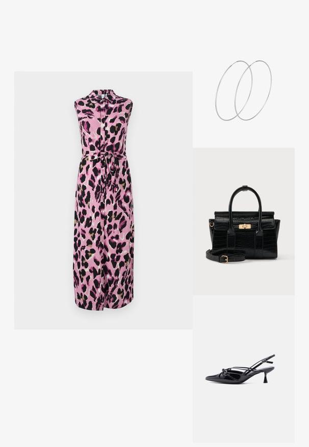Ärmelloses pinkes Kleid mit einem Leopardenmuster in Schwarz und Beige, mit einer Knopfleiste vorne und einem gebundenen Taillenband für eine formschöne Silhouette.; Schwarzer Slingback-Pumps aus Lackleder mit spitzer Zehenpartie, niedrigem Kitten-Heel und dekorativer, geknoteter Schleife vorne.; Schwarze Handtasche mit Krokodilstruktur, zwei Griffen, abnehmbarem Riemen und einem goldfarbenen rechteckigen Verschluss auf der vorderen Klappe.; Silberne Creolen mit minimalistischem Design. Rundform, glatte Oberfläche und dünnes Profil. Leichtgewichtig mit hochglänzender Oberfläche.