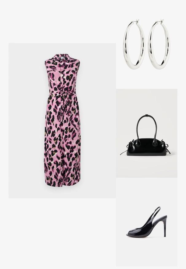 Mouwloze roze jurk met een luipaardmotief in zwart en beige, met een knoopsluiting aan de voorkant en een strik in de taille voor een getailleerd effect.; Zwarte slingback hoge hakken van lakleer met open teen en stilettohak op een effen witte achtergrond.; Kleine zwarte glanzende handtas met twee lange hengsels en zijkant trekkoord details op een effen lichte achtergrond.; Zilveren creool oorbellen met een gladde, reflecterende oppervlak. Ronde, grote vorm met een veilige sluiting aan de bovenkant. Gepolijste afwerking toont de glans.