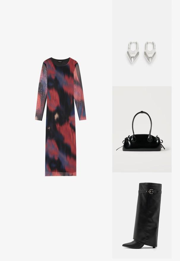 Robe à manches longues avec un motif abstrait multicolore en rouge, noir et bleu. Tissu lisse avec un col rond et une coupe droite.; Even&Odd by Zalando Bottes à talons hauts - black; Petit sac à main noir brillant avec deux longues anses et des détails à cordon sur les côtés sur un fond clair uni.; Cadenas en forme de cœur en argent avec les inscriptions gravées "OUI" et "NON", finition polie, design symétrique et un robuste fermoir en métal.