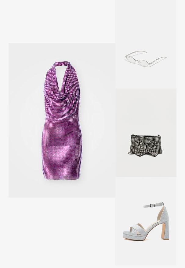Lila Halterneck-Kleid mit drapiertem Vorderteil und glänzendem Paillettenmuster. Figurbetonter Schnitt mit glatter Textur. Kurze Länge.; Silberne Glitzer-Plateausandale mit klobigem hohen Absatz, gekreuzten Riemen über den Zehen und verstellbarem Knöchelriemen mit Schnalle.; Ovale Brillen mit einem metallisch-silbernen Rahmen, klaren Gläsern und strukturierten Perlenakzenten an den Bügeln. Leichtes Design mit gebogenen Bügeln.; Schwarze Clutch-Tasche mit einer großen Schleife, verziert mit silbernen Nieten, mit einer Kettenriemen und einer strukturierten Oberfläche, die das Licht einfängt.
