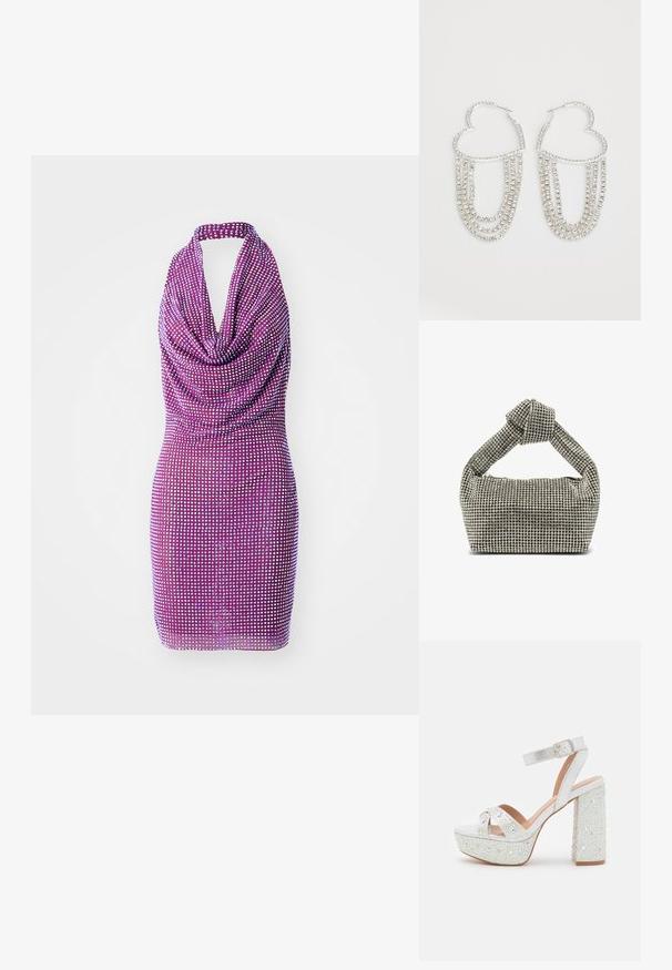 Violet mekko, jossa on naruolkaimet ja laskostettu etuosa sekä koko mekkoa peittävä paljettikuvio. Tiukka siluetti, jossa on sileä pinta. Lyhyt pituus.; Valkoiset korokepohjaiset sandaalit metallipinnalla, joissa on kaksi ristikkäin kulkevaa hihnaa, nilkkahihna ja lohkopohja, joka on koristeellinen kimaltelevilla jalokivillä.; Hopealau hopea koristeltu käsilaukku, jossa on solmittava yläkahva, suorakulmainen muoto, peitetty pienillä, pyöreillä strasseilla, sileä pinta.; Hopeakorut, jotka on muotoiltu sydämeksi ja joissa on putoavia läpinäkyviä strasseja lisäämään kiiltoa ja rakennetta.