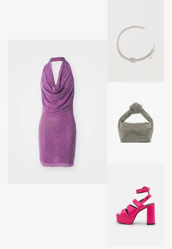 Lilla nööridega kleit, millel on drapeeritud eesosa ja kogu kleidi ulatuses sädeleva mustriga. Kehasse liibuv lõige sujuva tekstuuriga. Lühike pikkus.; LAMODA MILLIONS - Platvormsandaalid - fuchsia; Hõbedane kaunistustega käekott sõlme ülemise käepideme ja ristküliku kujuga, kaetud väikeste ümmarguste sädelustega, sile tekstuur.; Hõbedast mitme ahelaga kaelakee, mille keskel on sõlm ja reguleeritav kinnitus pikendusega, tavalise heleda tausta peal.