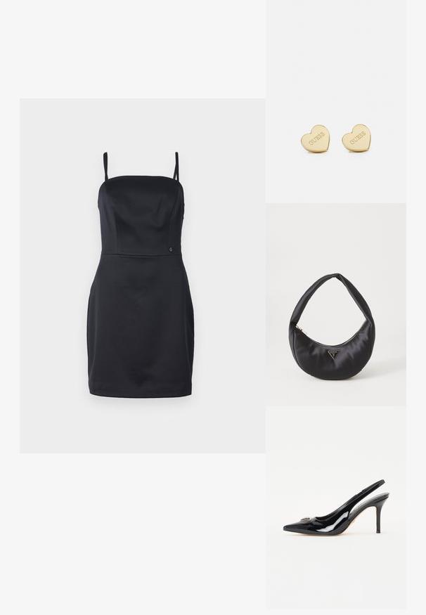 Schwarzes trägerloses Kleid mit taillierter Passform, glattem Stoff und geradem Saum. Verfügt über ein kleines Logo-Detail in der Nähe der Taille.; Schwarze Lackleder-Slingback-Pumps mit spitzer Zehenpartie, schlankem Stiletto-Absatz und dekorativer Verzierung auf dem Vorderblatt.; Schwarze Satin-Handtasche mit geschwungener Form, ausgestattet mit einem Reißverschluss und einem dreieckigen Metallsymbol auf der Vorderseite. Glatte Textur und elegantes Design.; Goldene herzförmige Ohrringe mit polierter Oberfläche, geprägt mit dem "GUESS"-Logo und glatter Textur. Einfaches Design, geeignet für verschiedene Anlässe.