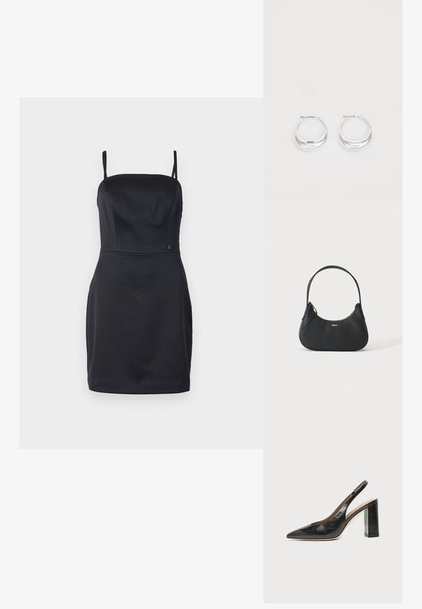 Schwarzes trägerloses Kleid mit taillierter Passform, glattem Stoff und geradem Saum. Verfügt über ein kleines Logo-Detail in der Nähe der Taille.; Schwarzer Leder-Slingback-Schuh mit spitzer Kappe, hohem Blockabsatz und beigegefüttertem Innenraum vor hellem, einfarbigem Hintergrund.; Schwarze Lederschultertasche mit geschwungener Form, goldenem Reißverschluss und kleinem goldenem Logo vorne, isoliert auf hellem Hintergrund.; Silberne Creolen mit glänzender Oberfläche und DKNY-Logo, vor einem schlichten weißen Hintergrund präsentiert.