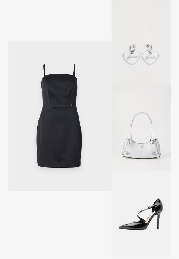 Zwarte strapless jurk met een aansluitende buste, een gladde stof en een rechte zoom. Bevat een klein logo-accent nabij de taille.; Zwarte lakleren pump met hoge hak, spitse neus en een dunne enkelriem die vastgemaakt is met een kleine gesp.; Zilveren handtas met een gestructureerd ontwerp, voorzien van twee handvatten, een glanzende textuur, opvallende hardware en een driehoekig logo aan de voorkant.; Hartvormige oorbellen van witte kunststof met zilveren hardware. Bevat "Guess" in grijze letters. Glad oppervlak en gepolijste afwerking.