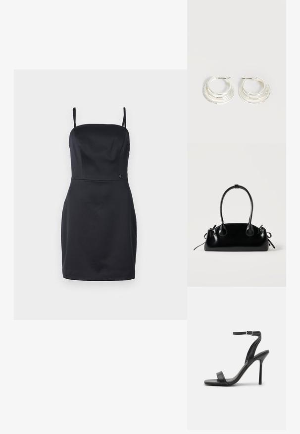 Robe noire sans bretelles avec un corsage ajusté, en tissu lisse et à ourlet droit. Présente un petit logo près de la taille.; Sandale à talons hauts noire avec une fine sangle au niveau de la cheville et deux bandes à l'avant. Fabriquée en cuir lisse avec un bout pointu élégant et un talon aiguille.; Petit sac à main noir brillant avec deux longues anses et des détails à cordon sur les côtés sur un fond clair uni.; Boucles d'oreilles créoles en argent avec trois bandes semi-circulaires superposées, dont une ornée de petits cristaux clairs sur un fond clair.