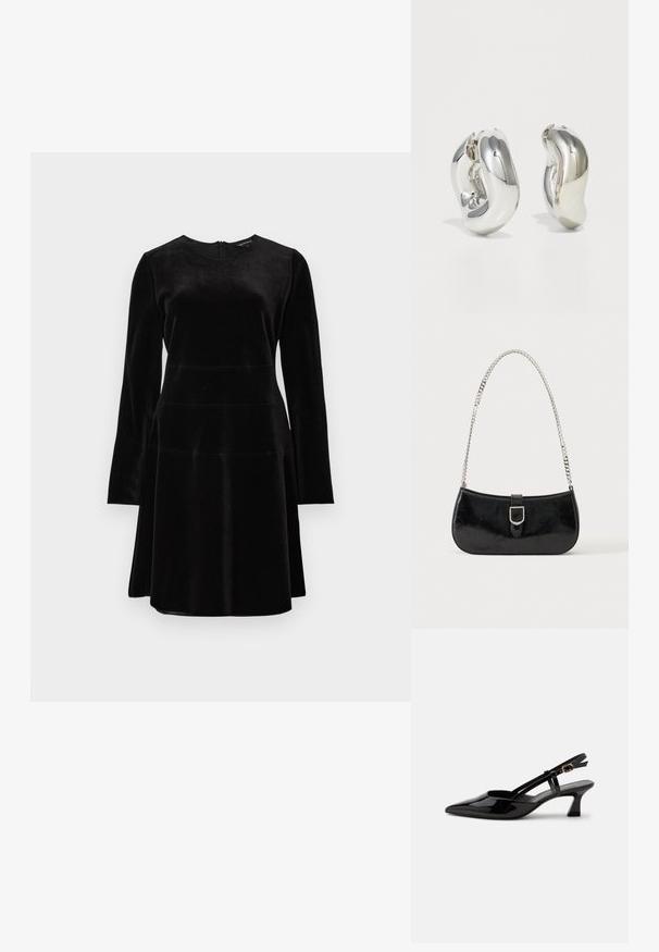 Zwarte fluwelen jurk met lange mouwen, ronde halslijn, aangesloten lijfje, uitlopende rok en ritssluiting aan de achterkant. Gladde textuur met subtiele glans.; Zwarte lakleren slingback kitten heel schoen met spitse neus en verstelbare gouden gespsluiting op een witte achtergrond.; Zwarte lakleren schoudertas met een zilveren gespdetail en een zilveren kettingriem, getoond tegen een effen lichte achtergrond.; Zilveren sculpturale oorbellen met gladde, gebogen vormen en reflecterende oppervlakken. Voorzien van een gesloten hoepelontwerp en een onderscheidende organische vorm.