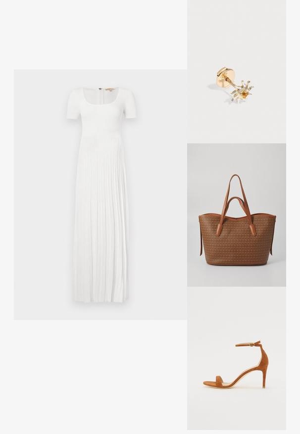 Robe longue blanche côtelée avec un décolleté carré et des manches courtes. Présente des plis verticaux et une fermeture éclair au dos. Texture douce.; Sandale à talons hauts en daim marron avec une fine bride de cheville et une boucle dorée, bout ouvert et un design épuré et minimaliste.; Sac fourre-tout marron en cuir texturé avec un motif répétitif, doté de deux poignées solides et d'un design à ouvert.; Boucle d'oreille clou en or en forme de soleil avec une petite pierre précieuse orange au centre sur fond blanc.