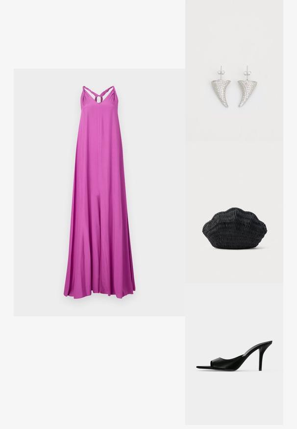 Vestido largo y fluido maxi en un vibrante color rosa. Presenta tirantes tipo espagueti con un diseño retorcido y un detalle en forma de lágrima en el pecho. Textura suave.; Mule de piel negra con punta abierta y tacón alto de aguja fino, mostrado de perfil sobre un fondo liso.; Bolso de mimbre negro con forma de concha de vieira con parte superior curva y textura tejida sobre un fondo liso.; Pendientes en forma de cuerno plateado, engastados con pequeñas piedras transparentes, que cuentan con un cierre trasero para su sujeción. Textura suave y acabado metálico.