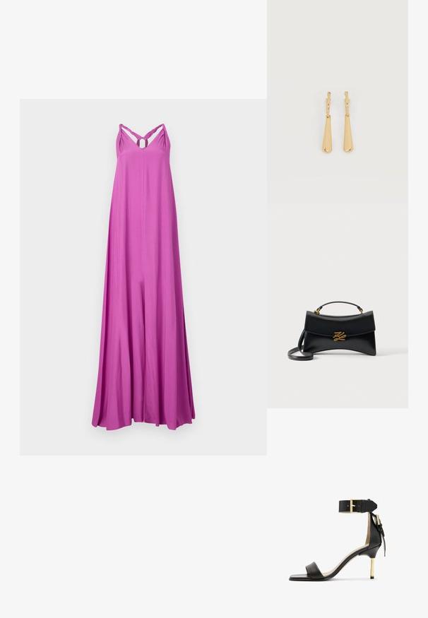 Vestido largo y fluido maxi en un vibrante color rosa. Presenta tirantes tipo espagueti con un diseño retorcido y un detalle en forma de lágrima en el pecho. Textura suave.; Sándal de tacón de cuero negro con punta cuadrada, correa en el tobillo con hebilla dorada y un tacón metálico esbelto. Textura suave, diseño minimalista.; Bolso de mano de cuero negro con solapa curva, cierre con logo "KZ" dorado, asa superior y correa de hombro desmontable sobre un fondo liso.; Pendientes colgantes en tono dorado con colgantes alargados y suaves en forma de lágrima, colgando de cierres de aros pequeños sobre un fondo blanco.
