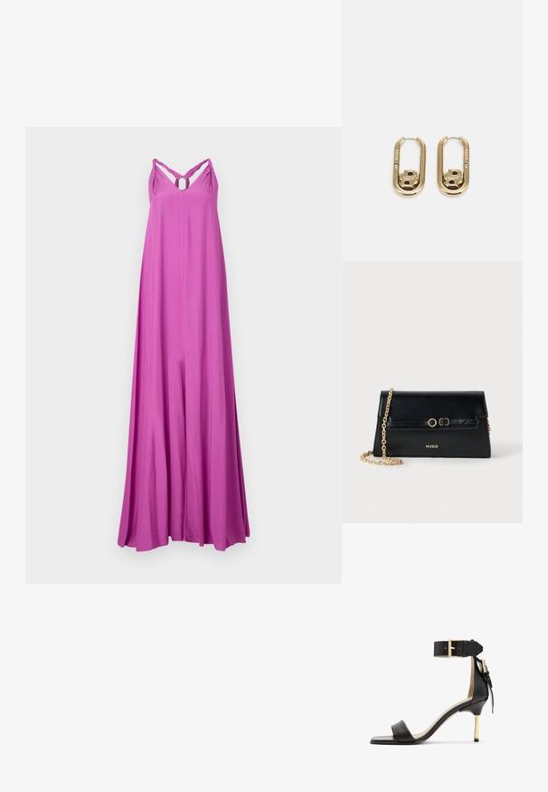 Lange, vloeiende maxi-jurk in helderroze. Heeft spaghettibandjes met een gedraaide ontwerp en een sleutelgatdetail op de borst. Soepele textuur.; Zwarte leren sandalen met hak en vierkante neus, enkelband met een gouden gesp en een slanke metalen hak. Soepele textuur, minimalistisch ontwerp.; Zwarte leren handtas met een gouden kettingriem, rechthoekige vorm, geperste accenten op het klepje en een gouden logo aan de voorkant.; BOSS DOUBLE B SWING - Oorbellen - gold-coloured
