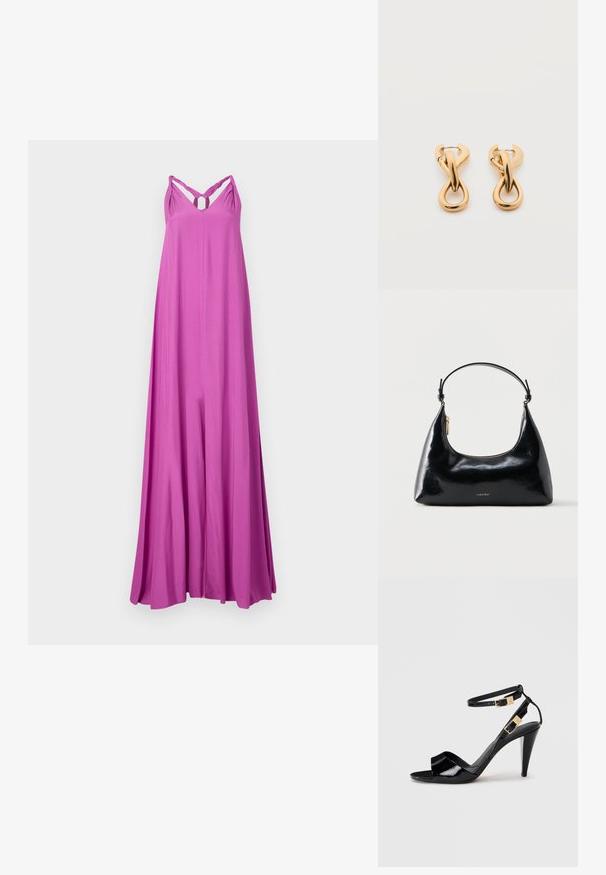Vestido largo y fluido maxi en un vibrante color rosa. Presenta tirantes tipo espagueti con un diseño retorcido y un detalle en forma de lágrima en el pecho. Textura suave.; Sандalia de tacón alto de charol negro con dobles correas en el tobillo y hebillas doradas, punta abierta y tacón delgado y afilado sobre un fondo neutro.; Bolso negro brillante de Calvin Klein con cremallera dorada y correa corta sobre un fondo blanco liso.; Par de pendientes de aro con acabado dorado brillante sobre fondo blanco liso, con diseño entrelazado y torsionado.