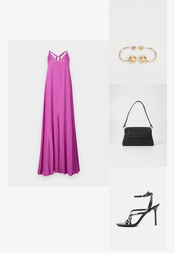 Lange, vloeiende maxi-jurk in helderroze. Heeft spaghettibandjes met een gedraaide ontwerp en een sleutelgatdetail op de borst. Soepele textuur.; Zwarte high-heeled sandaal met dunne bandjes, enkelgesp en een metalen logodetail aan het zijbandje, afgebeeld tegen een witte achtergrond.; Zwarte handtas met een gestructureerd oppervlak, een omslag flap met reliëflogo en een smalle schouderriem. Rechthoekige vorm met hoekige accenten.; Gouden metalen oorbellen met een circulair ontwerp met twee bollen, één grotere met textuur en een kleinere gepolijste bal aan de bovenkant.
