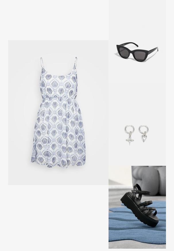 Ærmeløs kjole med tætsiddende overdel og elastisk talje. Blå og hvidt mønster med udsmykkede blomstermotiver på letvægtsstof.; Sort platform-sandal med tre justerbare remme med spænder, placeret på en tekstureret blå tæppe med sløret baggrund.; Sorte cat-eye solbriller med mat finish, der har grå tonede linser, skarpe vinkler og slanke sidearme. Mærkenavnet er synligt på den indre arm.; Sølv hoop øreringe med et kors og hjerte charm. Glat, skinnende tekstur med en poleret finish. Hver charm hænger fra en sikker løkke.