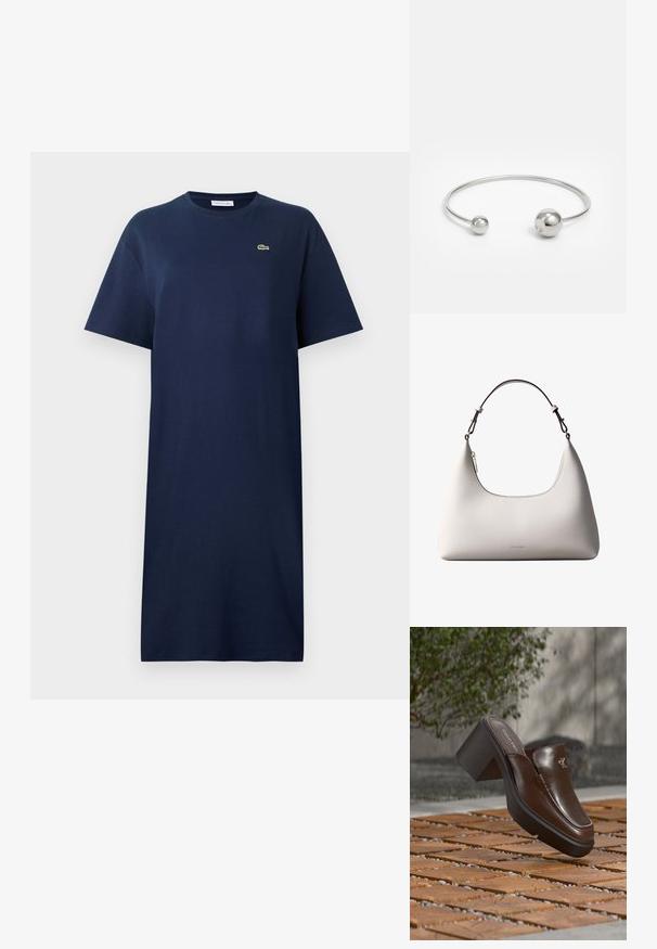 Vestido de algodón azul marino con mangas cortas, cuello redondo y un pequeño logo verde en el pecho. Diseño recto, a la altura de la rodilla.; Mule con tacón de cuero marrón Calvin Klein flotando sobre un suelo de baldosas de madera con un fondo borroso de planta verde y pared.; Bolso de hombro de cuero color crema de Calvin Klein con borde superior curvado, cremallera plateada y correa ajustable marrón oscuro.; Brazalete de metal plateado con dos acentos esféricos en cada extremo, superficie lisa, diseño abierto y forma elegante y minimalista.