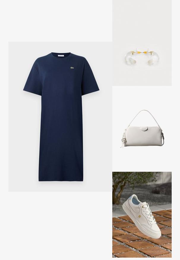 Navyblauw katoenen t-shirtjurk met korte mouwen, ronde hals en een klein groen logo op de borst. Rechte snit, knielange ontwerp.; Witte leren sneaker met een gladde textuur, gouden accenten en een lichtblauwe binnenkant. Heeft een klassieke vetersluiting en een gevoerde tong.; Witte rechthoekige Calvin Klein handtas met enkele handgreep, minimalistisch ontwerp en decoratieve kwastjes met geometrische metalen hanger aan de zijkant.; Heldere acryl oorringen met gouden accenten, met een gebogen ontwerp en transparante sluiting. Gladde textuur, minimalistische stijl.