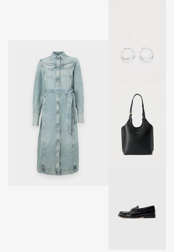 Denim-shirtin mekko vaaleansinisena, jossa on napitus etupuolella, kaksi rintataskua ja yhteensopiva vyö. Pitkät hihat ja suora siluetti.; Mustat nahkaloafersit, joissa on pyöreä kärki, koristeompeleet ja pieni kultainen yksityiskohta kengän päällä. Litteä kumipohja, tyylikäs muotoilu.; Musta, teksturoidusta materiaalista valmistettu olkalaukku, jossa on pyöreä leikkausaukko, kaksinkertaiset olkahihnat ja kullanväriset metalliosat.; Hope hopea, joissa on kiiltävä pinta ja DKNY-brändäys, aseteltuna yksinkertaista valkoista taustaa vasten.