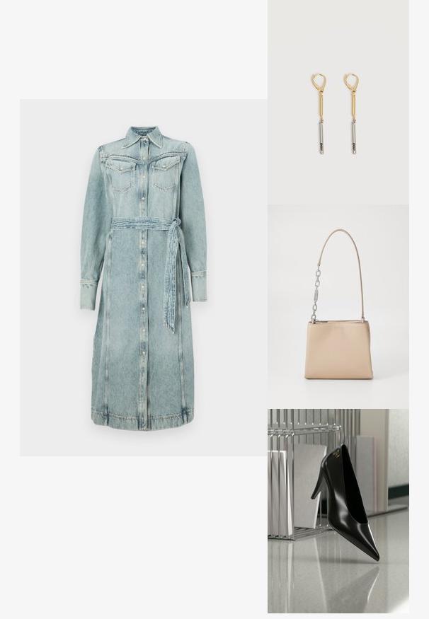 Denim shirtjurk in lichtblauw met een knoopsluiting aan de voorkant, twee borstzakken en een bijpassende riem. Lange mouwen en een recht silhouet.; Zwart hooggehakt schoen met puntige neus en gouden logo, geplaatst op een reflecterend oppervlak naast een verchroomde draadordner met documenten.; Beige leren handtas met een gladde textuur, voorzien van een zilveren kettingaccent op het handvat en een ritssluiting. "HUGO" is op de voorkant hotstempeld.; Oorbellen met gouden en zilveren druppels en haaksluitingen, met een gouden staaf verbonden aan een zilveren staaf gegraveerd met "DKNY" op een witte achtergrond.