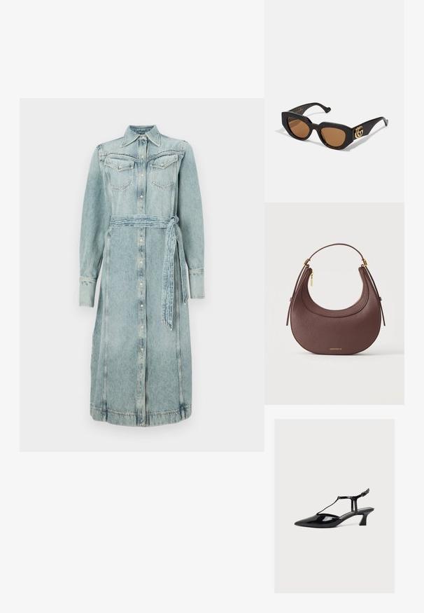 Denim-shirtin mekko vaaleansinisena, jossa on napitus etupuolella, kaksi rintataskua ja yhteensopiva vyö. Pitkät hihat ja suora siluetti.; Mustaa lakattua nahkaa oleva matala- korkoinen kenkä, jossa on terävä kärki, T- remmi ja solki, vaalealla neutraalilla taustalla.; Sateeniväriset aurinkolasit ruskeilla linsseillä. Laaja kissamainen muoto. Sivulla kultainen GG-logo. Sileä muovimateriaali kiiltävällä pinnalla.; Ruskea teksturoidusta nahasta valmistettu puolikuun muotoinen käsilaukku, jossa on lyhyt kädensija, kultainen vetoketju ja pieni kultainen merkkilogo edessä.