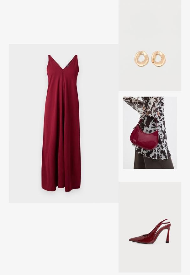 Vestido maxi sin mangas burdeos con escote en V, confeccionado en tela suave, con un corte holgado y diseño hasta el suelo.; Zapato de mujer con tacón alto tipo slingback en rojo oscuro brillante, punta afilada y tacón delgado y curvado sobre fondo blanco.; Mujer con blusa de estampado en blanco y negro sosteniendo un bolso de hombro rojo brillante sobre un fondo liso.; Par de pendientes de aro de metal en tono dorado pulido, de forma irregular y con centro abierto, sobre un fondo blanco liso.