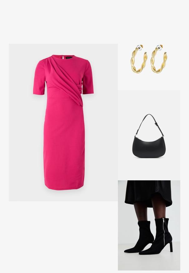 Fuchsia Kleid aus glattem Stoff, mit kurzen Ärmeln, einem runden Ausschnitt und drapierten Details im Oberteil.; Schwarze Ankle-Boots mit einem dehnbaren Stoff-Oberteil, spitzem Zehenbereich und seitlichem Reißverschluss, auf einem schlanken, hohen Absatz.; Pieces PCALUANA SHOULDER BAG - Handtasche - black; Goldene, gedrehte Creolen mit glatter Oberfläche, ausgestattet mit transparentem Rücken und goldfarbenen Beschlägen.