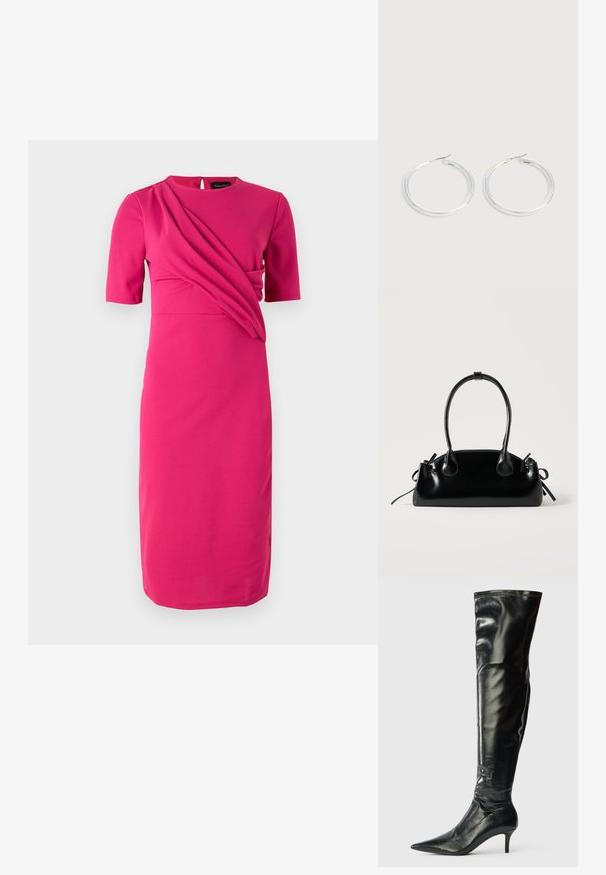 Vestido fucsia hecho de una tela suave, con mangas cortas, un escote redondo y detalles drapeados en el cuerpo.; Botas de cuero negro hasta la rodilla con un acabado brillante, punta afilada y un tacón de aguja delgado. Presentan una parte superior ajustada con detalles de costura.; Pequeño bolso negro brillante con dos asas largas y detalles de cordón lateral sobre un fondo claro liso.; Pareja de pendientes de aro plateados brillantes con cierres de alambre delgado, mostrados sobre un fondo gris claro.