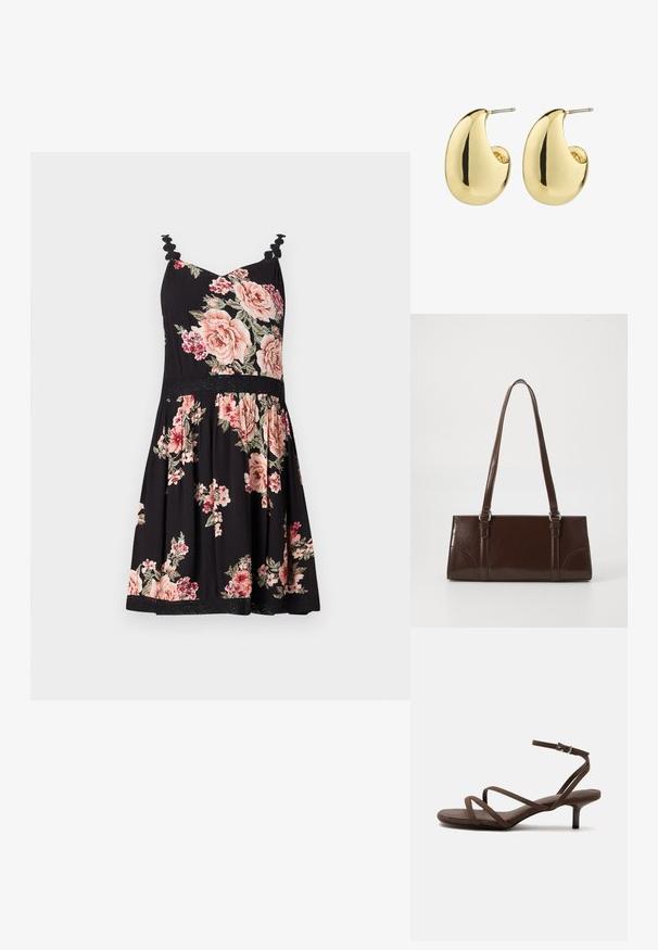 Bloemige sundress met zwarte achtergrond, roze en witte rozen, uitgerafelde schouderbandjes, strakke lijfje, flaired rok en kantafwerking aan de zoom.; Bruine sandaal met hoge hak, dunne gekruiste bandjes en een enkelbandje met een zilveren gesp op een witte achtergrond.; Bruine lakleren handtas met een rechthoekige vorm, twee lange handvatten en subtiele gebogen accenten aan de voorkant.; Gouden studs met een gladde, gepolijste afwerking, in een abstracte, druppelvorm. Eenvoudige metalen achterzijde voor bevestiging.