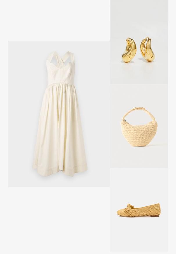 Cream-colored cotton dress with a fitted bodice and a gathered, flowing skirt. Features broad crossed shoulder straps and a simple design.; Woven straw ballet flats in light yellow with a rounded toe and a knotted accent at the front. Flat sole and breathable design.; Beige woven handbag with rounded body, zip closure, and a short, thick strap in a simple, textured crochet style.; Gold hoop earrings with a smooth, curved shape and polished finish. Features a clasping mechanism and slight indentations for detail.