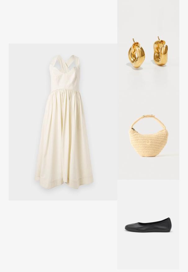 Cremefarbenes Baumwollkleid mit tailliertem Oberteil und einem gerafften, fließenden Rock. Verfügt über breite überkreuzte Schulterträger und ein einfaches Design.; Schwarze Leder-Ballettschuhe mit abgerundeter Spitze, glatter Textur, minimalen Nähdetails und einem flexiblen Sohlen-Design.; Beige gewebte Handtasche mit rundem Körper, Reißverschluss und kurzem, dickem Riemen in einfachem, strukturiertem Häkelstil.; Fette goldene Creolen mit einem leicht verdrehten, röhrenförmigen Design und Steckverschlüssen auf einem weißen Hintergrund.
