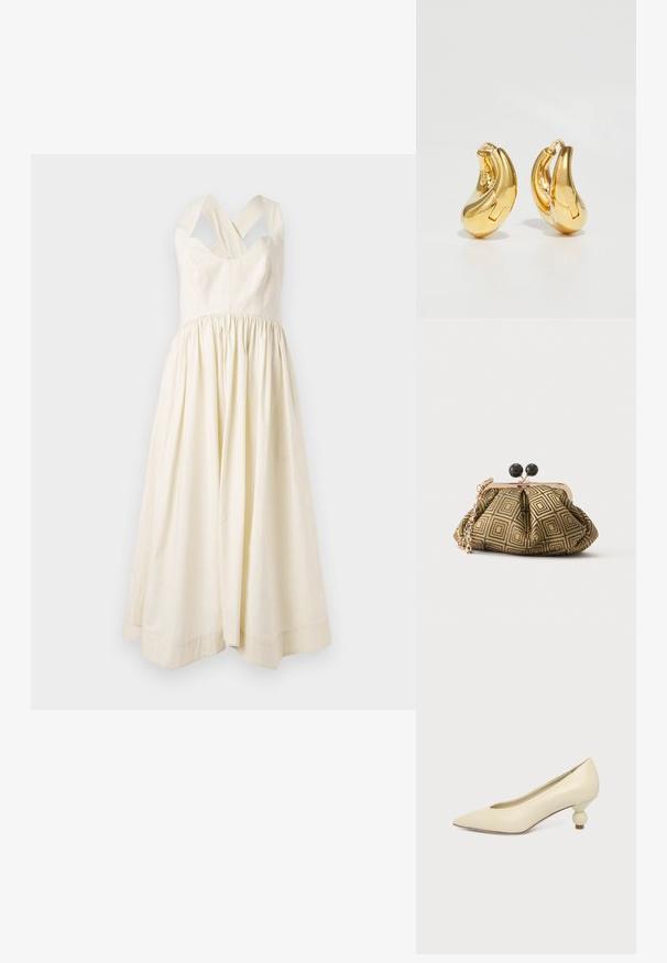 Cremefarbenes Baumwollkleid mit tailliertem Oberteil und einem gerafften, fließenden Rock. Verfügt über breite überkreuzte Schulterträger und ein einfaches Design.; Damenpumps in cremefarben mit spitz zulaufender Schuhspitze und niedrigem, kugelförmigem Absatz vor einfarbigem Hintergrund.; Kleine Clutch mit goldenem und schwarzem geometrischem Muster, goldfarbenem Metallrahmen, schwarzem Kugelverschluss und kurzem goldfarbenem Kettenriemen.; Goldene Creolen mit einer glatten, geschwungenen Form und polierter Oberfläche. Mit einem Verschlussmechanismus und leichten Einkerbungen für Details.
