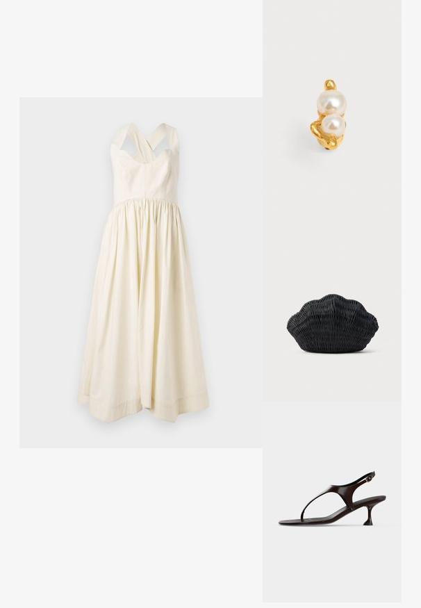 Cream-colored cotton dress with a fitted bodice and a gathered, flowing skirt. Features broad crossed shoulder straps and a simple design.; Dark brown patent leather slingback sandal with kitten heel and toe thong strap on white background.; Black wicker handbag shaped like a scallop shell with a curved top and woven texture on a plain background.; Gold ring featuring two large white pearls set on an irregular, textured band against a plain light background.