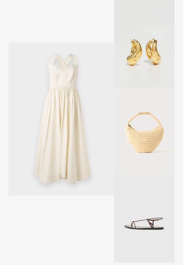 Cremefarbenes Baumwollkleid mit tailliertem Oberteil und einem gerafften, fließenden Rock. Verfügt über breite überkreuzte Schulterträger und ein einfaches Design.; Braune Leder-Sandale mit dünnen Riemen, einem goldenen, runden Akzent und einer flachen Sohle. Minimalistisches Design mit einem verstellbaren Schnallen-Detail.; Beige gewebte Handtasche mit rundem Körper, Reißverschluss und kurzem, dickem Riemen in einfachem, strukturiertem Häkelstil.; Goldene Creolen mit einer glatten, geschwungenen Form und polierter Oberfläche. Mit einem Verschlussmechanismus und leichten Einkerbungen für Details.