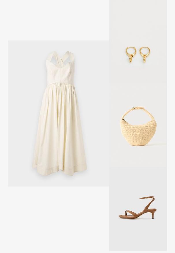 Cremefarbenes Baumwollkleid mit tailliertem Oberteil und einem gerafften, fließenden Rock. Verfügt über breite überkreuzte Schulterträger und ein einfaches Design.; Braune Leder-Riemchensandale mit niedrigem Kitten-Heel und einem Knöchelriemen mit kleiner Schnalle, seitlich auf neutralem Hintergrund dargestellt.; Beige gewebte Handtasche mit rundem Körper, Reißverschluss und kurzem, dickem Riemen in einfachem, strukturiertem Häkelstil.; Goldene Creolen mit einer glatten metallischen Oberfläche, die einen tropfenförmigen Anhänger von jeder Creole hängen haben. Einfaches Design mit glänzender Textur.