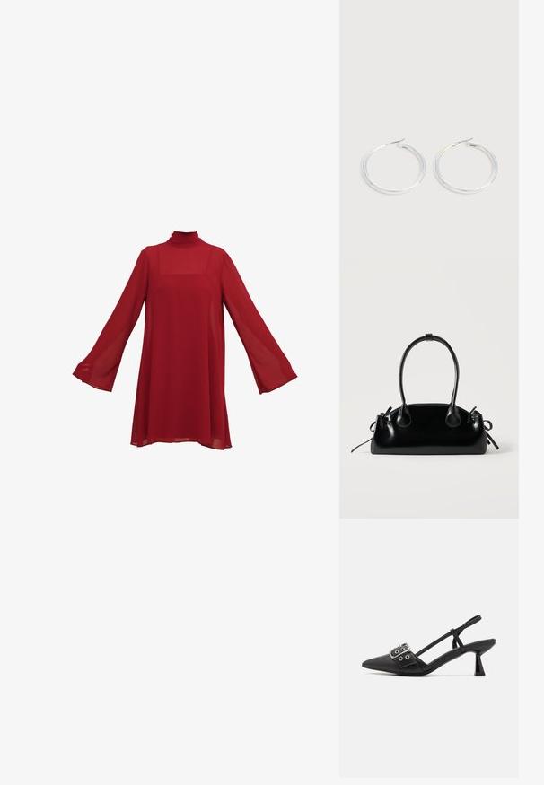 Rød chiffonkjole med lange klokkeærmer og høj hals. Løs, svævende silhuet med firkantet udskæring og gennemsigtig tekstur.; Simmi London DALA - Pumps - black; Lille sort blank håndtaske med to lange håndtag og snøre-detaljer i siden på en ensfarvet lys baggrund.; Par skinnende sølvøreringe med tynde trådlåse, vist på en lys grå baggrund.