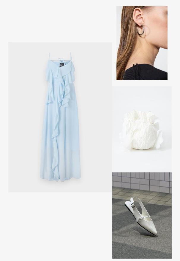 Lichtblauwe maxi-jurk met dunne bandjes, een gelaagde ruffle-design bij de bustel en een luchtige stof die doorloopt tot de zoom.; Witte puntige slingback platte schoen met twee zilveren gespen, getoond buiten op een getextureerde ondergrond en betegelde muur als achtergrond.; Witte stoffen tas met een gestructureerde afwerking, met een trekkoord bovenkant, decoratieve witte bloemblaadjes en een strap met parelaccent.; Zilveren oorbel met een gepolijste afwerking, met kleine gouden accentdetails en een ronde vorm, gedragen op de oorlel.