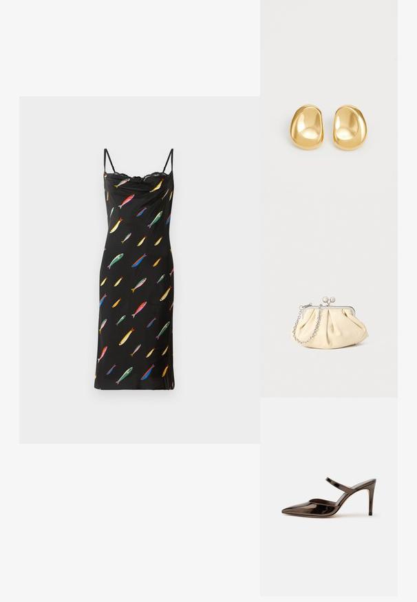 Robe noire sans manches avec un col drapé, fabriquée en tissu lisse. Présente un imprimé de poissons colorés sur l'ensemble et une finition en dentelle au niveau du col.; Mule à talon haut marron foncé brillant à bout pointu avec une fine bride sur le coup de pied sur fond blanc uni.; Pochette en cuir beige plissé avec un cadre en métal argenté, dotée de deux fermoirs ronds décoratifs et d'une chaîne en argent.; Boucles d'oreilles en forme de clou de couleur or, avec une forme lisse et arrondie et une surface réfléchissante, mettant en avant un design minimaliste sans motifs visibles.